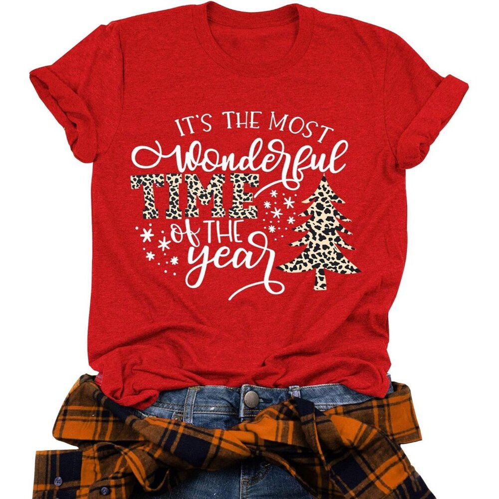 Merry Christmas Shirts for Women Buffalo Plaid Tree Short Sleeve Graphic Print